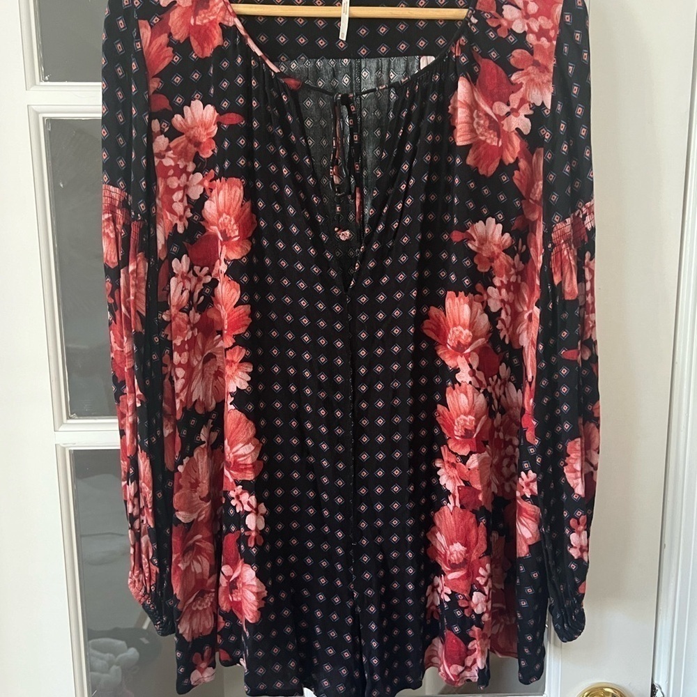 Free People Sunset Boulevard Floral Peasant Romper Oversized Long Sleeve - XS - Picture 3 of 10